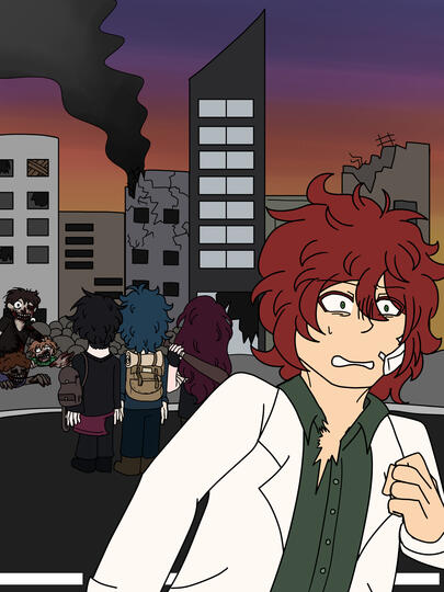 Flat colors 1 half body + 3 extra full body characters + simple city background (used for a personal fanfic cover)
