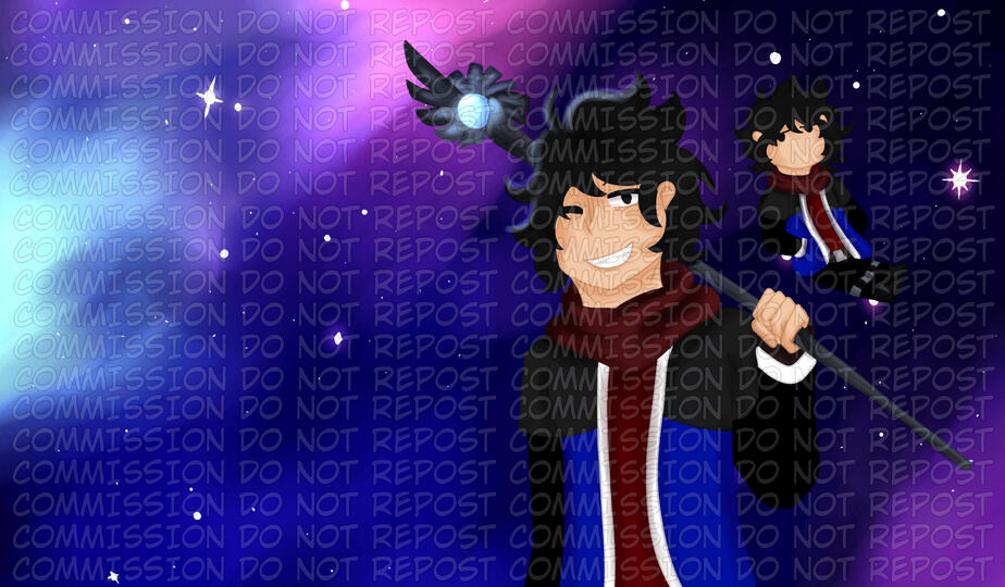 1 character half body rendered + 1 chibi rendered + same complex background